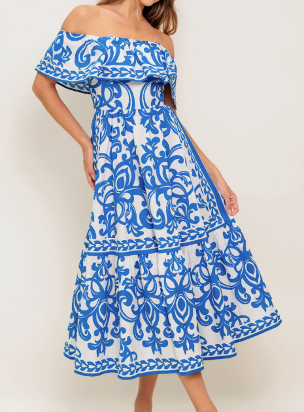 Flying Tomato Blue & White Floral Print Off the Shoulder Midi Dress Medium